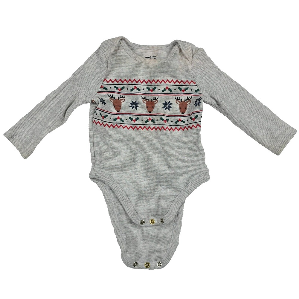 Jumping Beans Baby 12M Gray Thermal Reindeer Fair Isle Christmas Bodysuit
